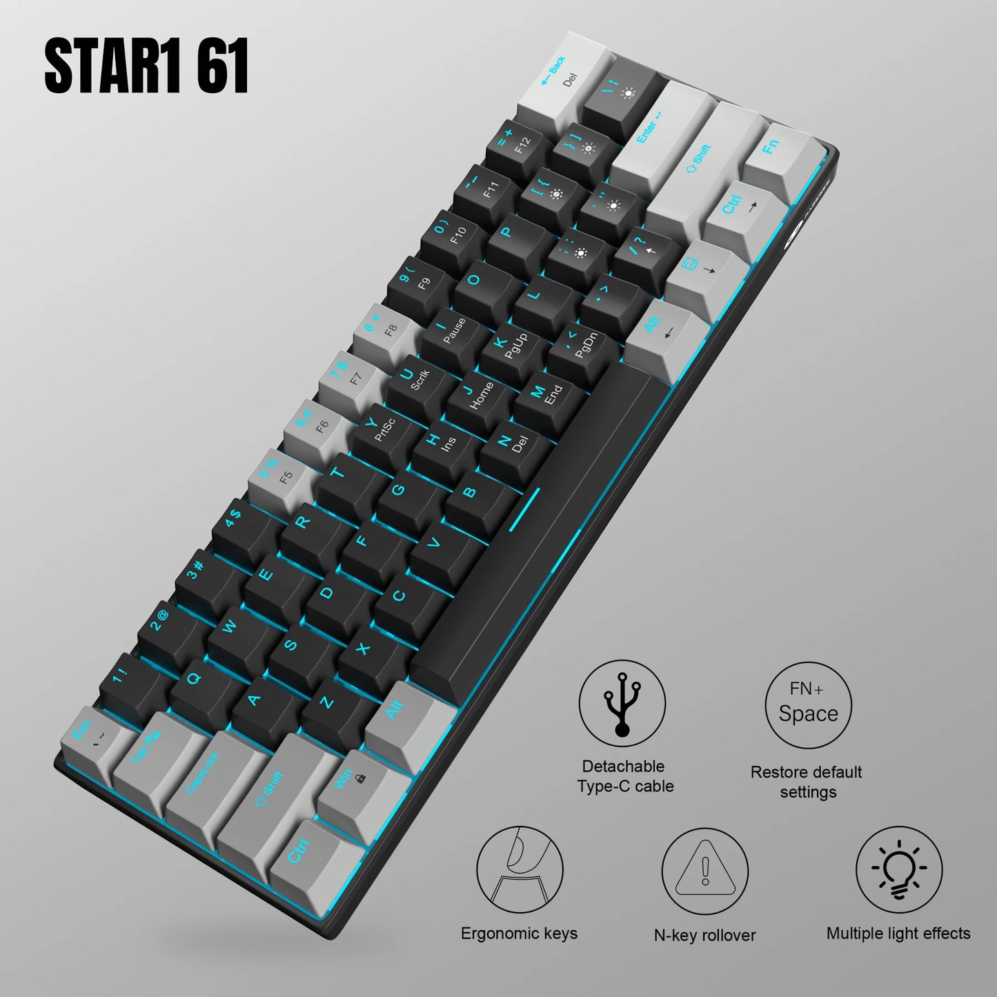Mk-Star61 60% Mechanical Gaming Keyboard 61Keys Sea Blue Backlit Small Compact Portable 60 Percent Gaming Keyboard Gamer